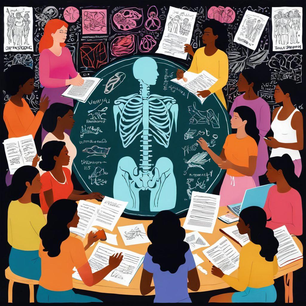 A harmonious blend of educational elements featuring a diverse group of women engaged in discussions about anatomy and sex education, surrounded by anatomical diagrams and vibrant illustrations of female anatomy. The scene conveys empowerment, knowledge-sharing, and a safe space for dialogue, with warm and inviting colors. Include books, laptops, and a chalkboard filled with thought-provoking notes. A contemporary art style that reflects diversity and inclusivity. vibrant colors. modern illustration.