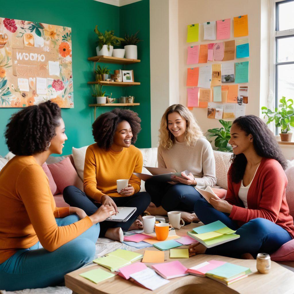 A diverse group of women in a cozy, inviting living room, engaged in a lively discussion with laptops and notebooks spread out, showcasing a warm atmosphere of support and empowerment. Elements of health and wellness like herbal tea and fitness gear subtly integrated into the scene, while colorful post-it notes about women's health topics adorn the walls. The room is filled with natural light, radiating positivity and connection. super-realistic. vibrant colors. warm tones.